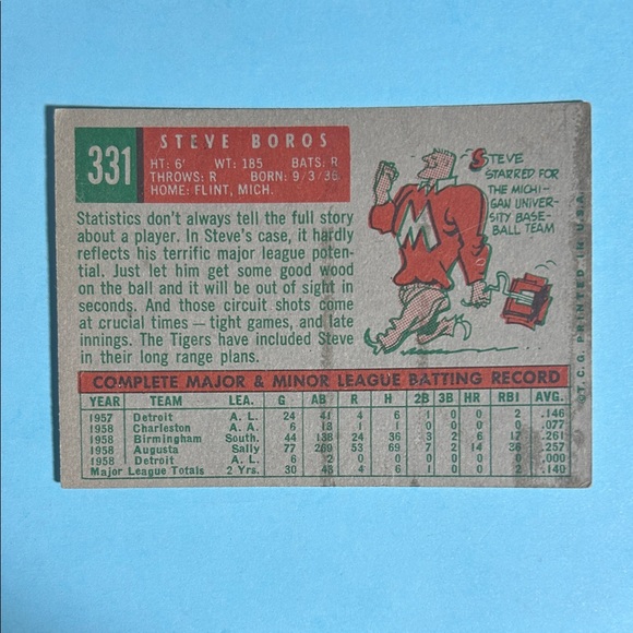Vintage 1959 Topps Detroit Tigers Steve Boris Original issue Baseball Card #331 - Picture 2 of 2